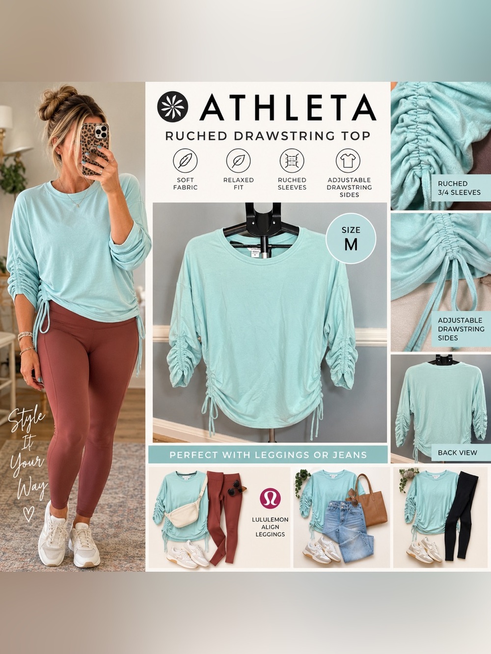 Athleta Aqua Ruched Drawstring 3/4 Sleeve Top Size M